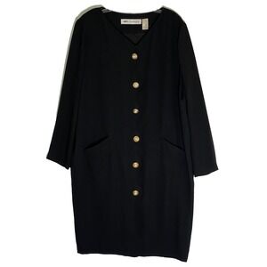 MS Chaus Dress Womens 16 Black Button Front Long Sleeve Shift Pockets Workwear
